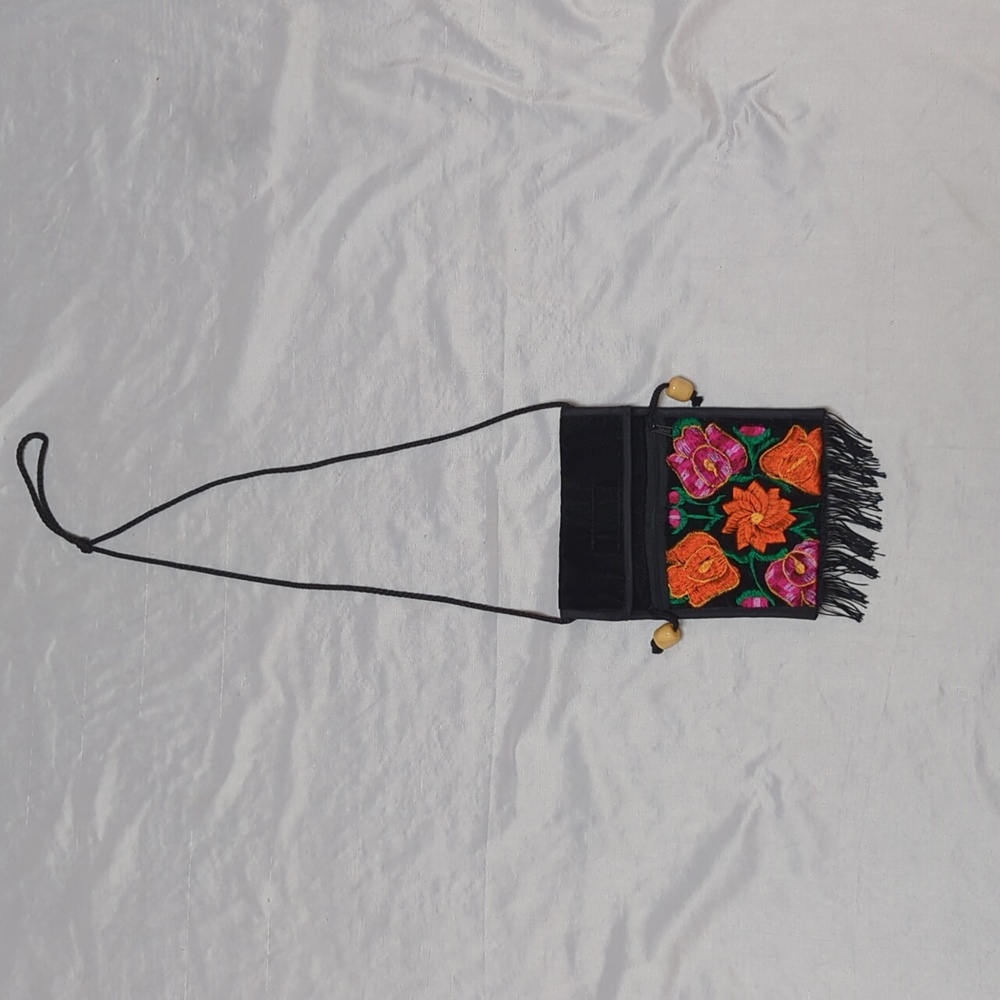 Boho Embroidered Floral Black Velour Mini Bag- Wood Beads & Fringe Pink Orange